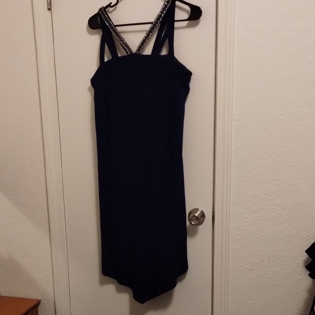 Elegant Navy Blue Sleeveless Dress With Embellished Straps